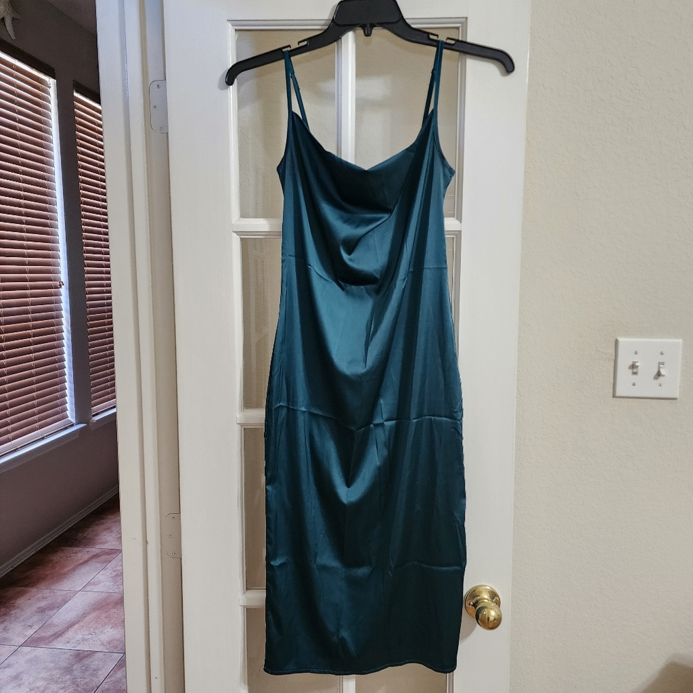 Xxxiticat Satin Cowl Neck Slip Dress Teal Midi Spaghetti Strap XS